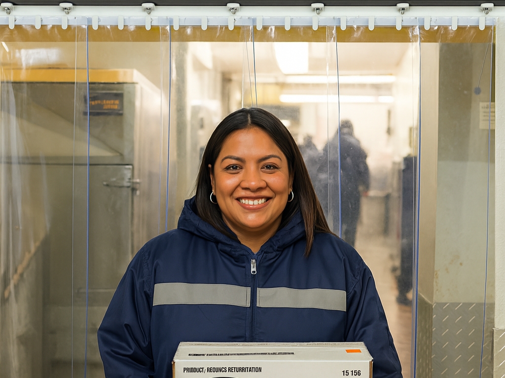 Woman in cold storage standing in front of clear pvc strip curtain smiling.