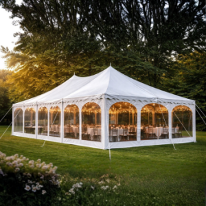 Wedding party on a tent using clear vinyl.