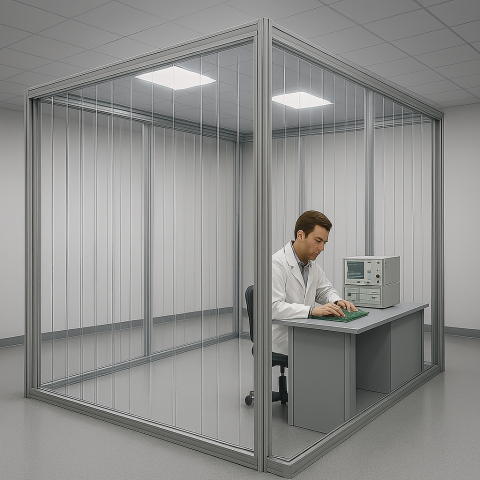 Un technicien en blouse de laboratoire travaille à un bureau, à l’intérieur d’une enceinte en salle propre composée de rideaux à lanières en PVC transparent et d’une structure métallique.