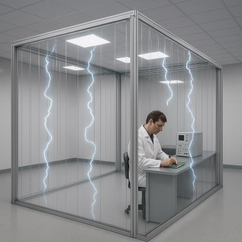 A man in a lab coat is seated inside a PVC strip curtain enclosure, typing on a keyboard, while simulated electric discharges appear outside the transparent walls to illustrate static protection.