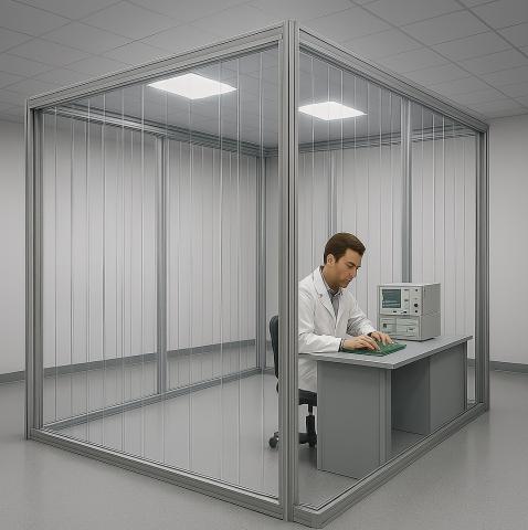 A technician in a lab coat is working at a desk inside a cleanroom enclosure made of clear PVC strip curtains and a metal frame.