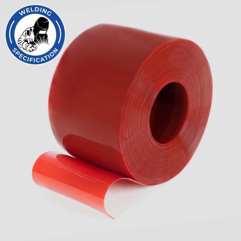 Roll of red Screenflex Welding PVC strip with welding safety specification label