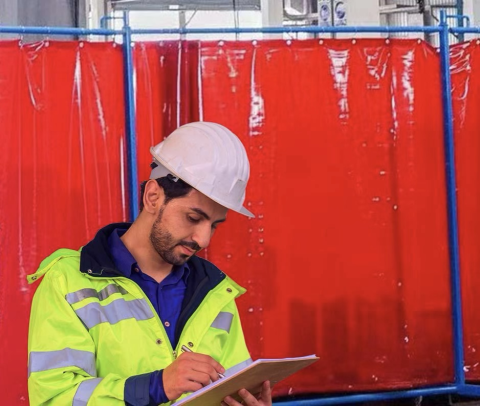 Inspecteur sécurité en milieu industriel consultant ses notes devant des rideaux en PVC rouge pour le soudage, à l’intérieur d’une usine