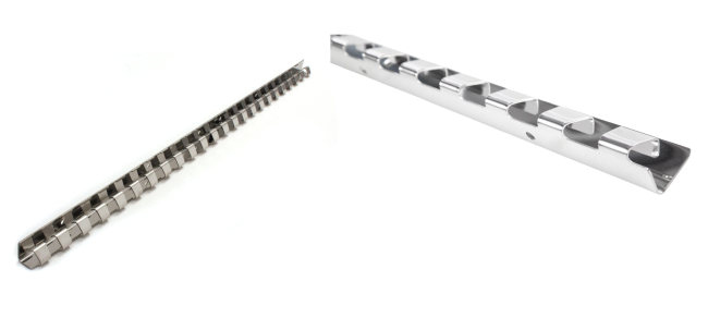 
Alt text 1: An empty stainless steel hook-on track for PVC strip curtain mounting, shown on a white background.

Alt text 2: Close up view of hook-on track for PVC strip curtains with visible mounting holes and curved hooks.
